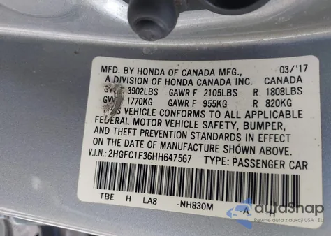 2017 Honda Civic Ex-T из США, поврежденный, VIN 2HGFC1F36HH647567